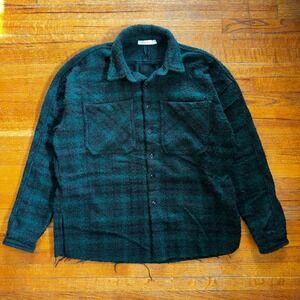 MNML Mens Forest Green Black Plaid Fuzzy Raw Hem Oversized‎ Shacket Shirt Large
